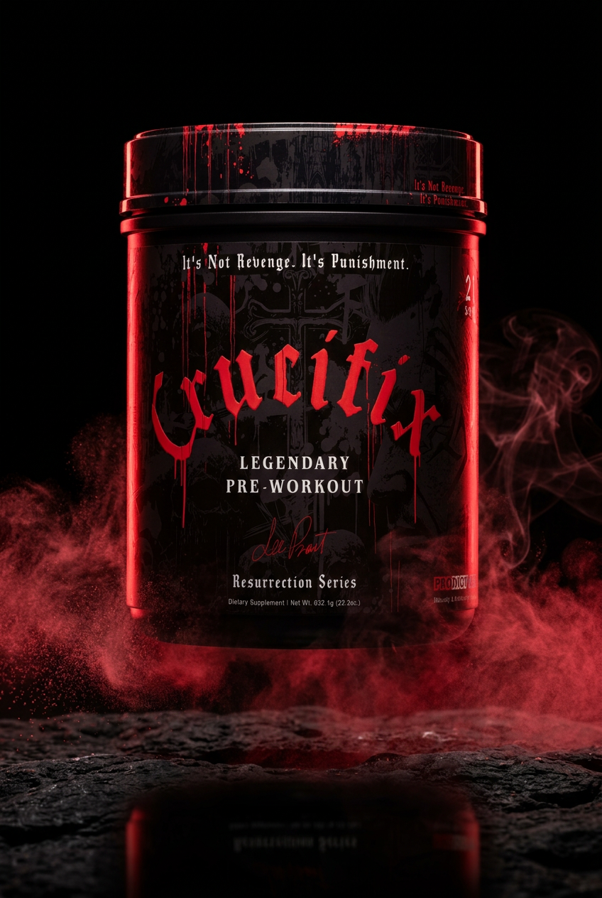 NutriFitt LP-Crucifix pre-workout tub on black stone with red light and drifting red powder