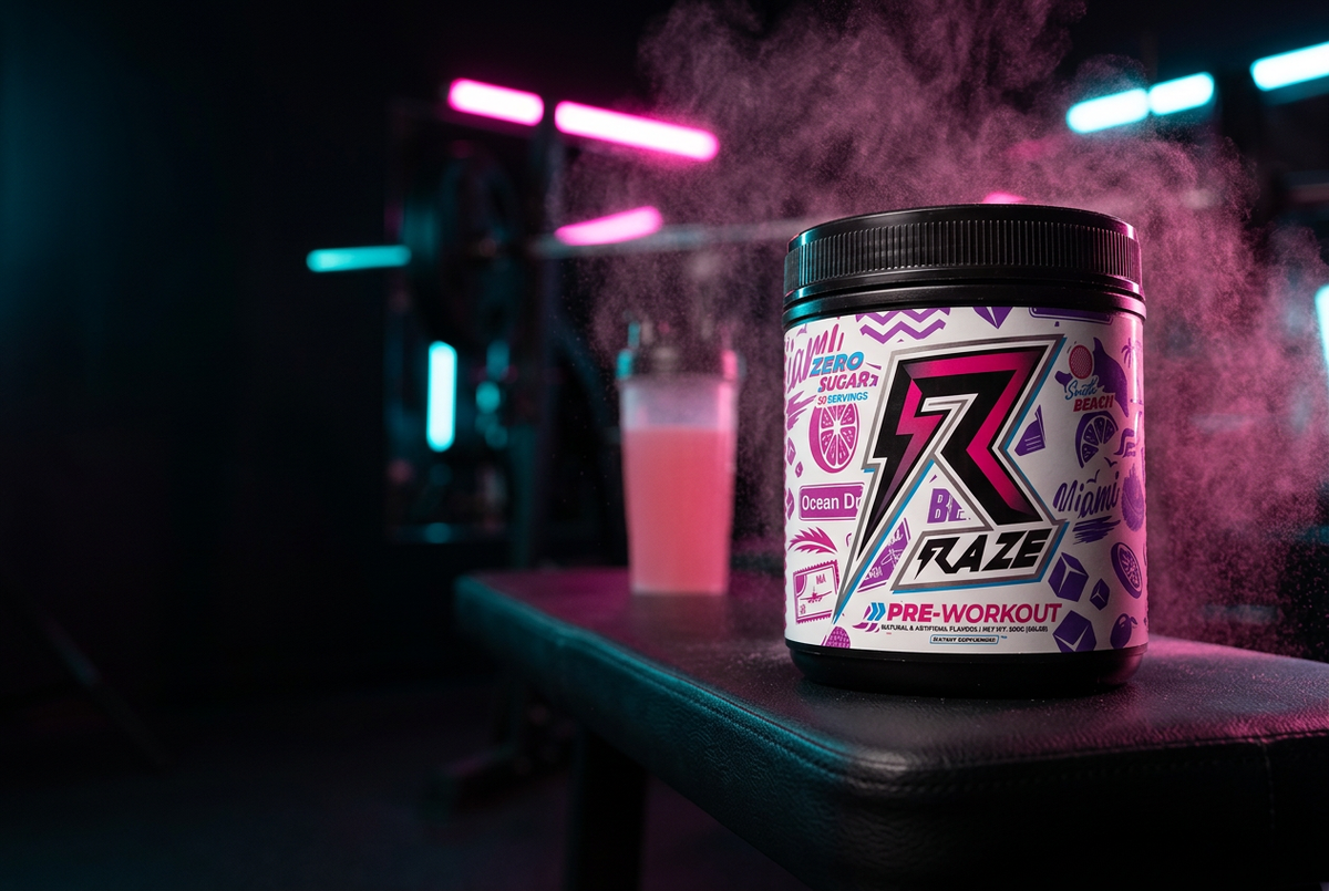 RAZE Pre-Workout tub on a gym bench under pink and cyan neon light, beside a shaker and a scoop of powder