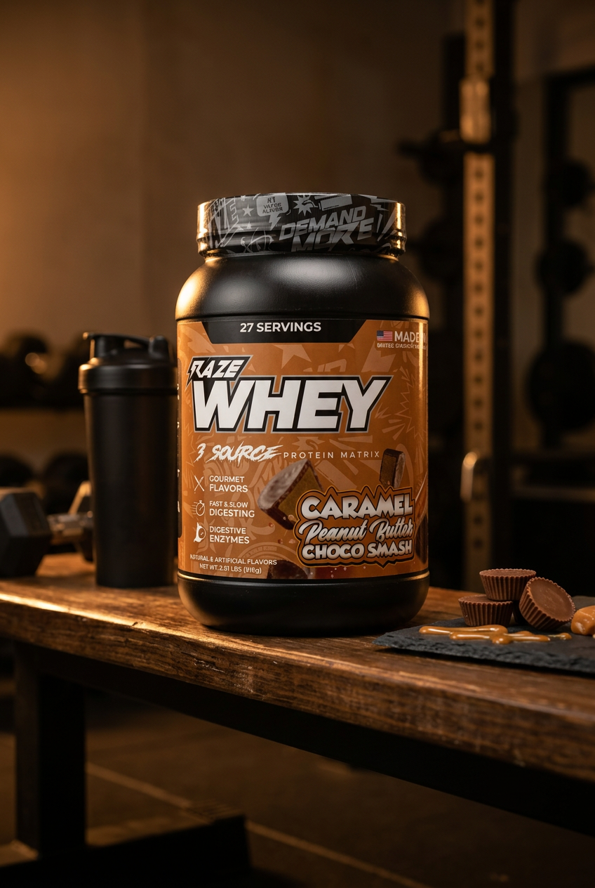 RAZE Whey Protein tub on a wooden gym bench in warm light, with a chocolate shake and peanut butter cups