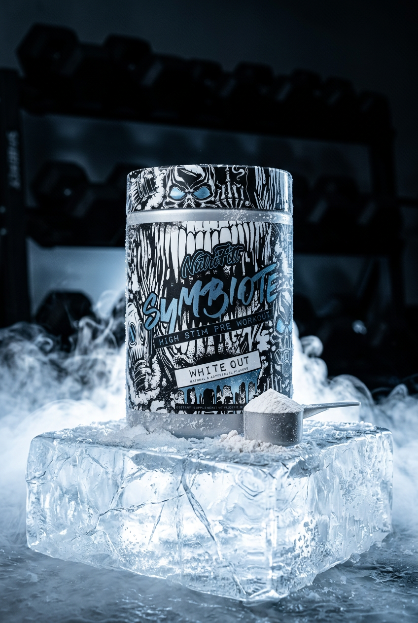 NutriFitt Symbiote pre-workout tub on a block of ice surrounded by cold fog