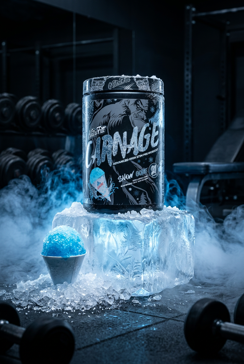 NutriFitt Carnage Snow Cone pre-workout tub on a block of ice in cold fog, beside a blue snow cone