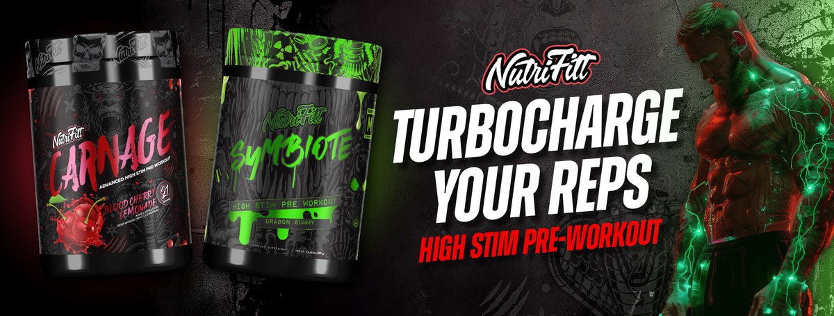 NutriFitt Carnage and Symbiote high-stim pre-workouts. Turbocharge your reps. Shop pre-workouts